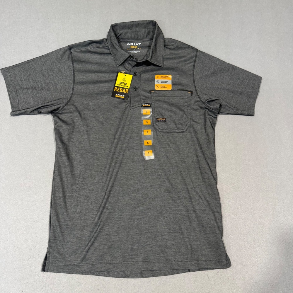 Ariat Rebar Foreman Polo Mens Small Charcoal Heather VentTek Work Shirt 10048617